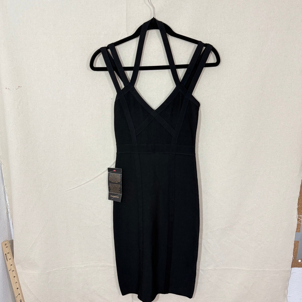 Bebe Womens Black Bandage Bodycon Dress Multi Strap Halter XS NWT
